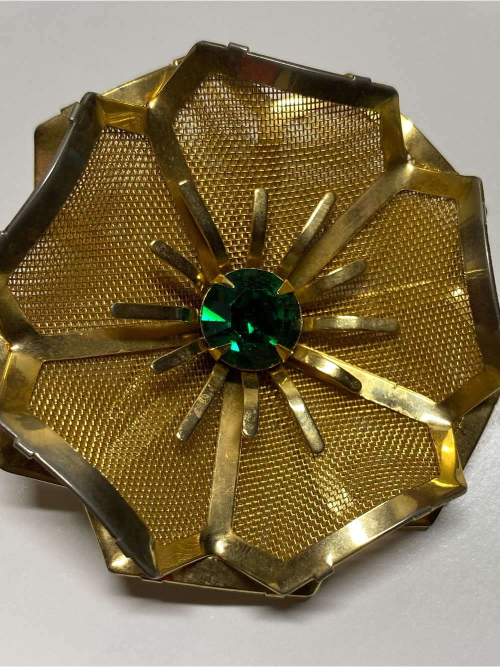 Mid Century Vtg Gold-Tone Flower Accent with Green Center Brooch Pin 2”